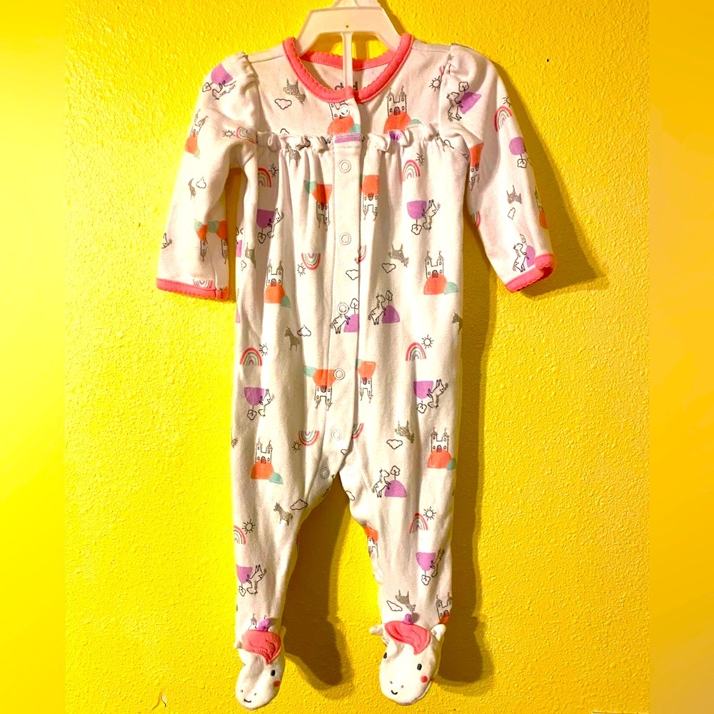 Child of mine, Infant's 3-6M Onesie, White/Pink Rainbow Unicorn Footed Snap PJ's
